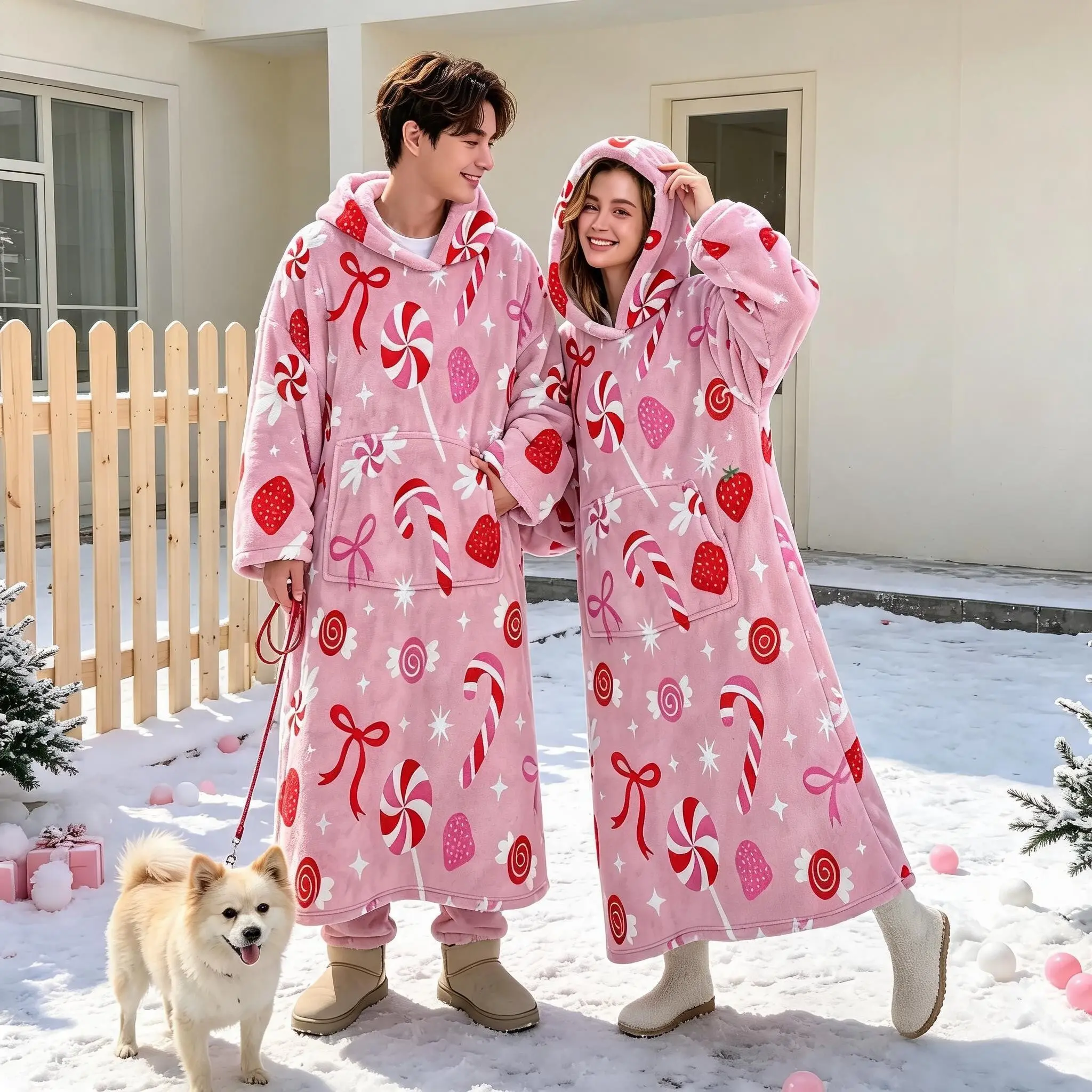 1pc Flannel Hooded Wearable Blanket, Candy Cane Bow Star Long Coat, Sweet Home Lazy Blanket, Halloween Christmas Party Gift