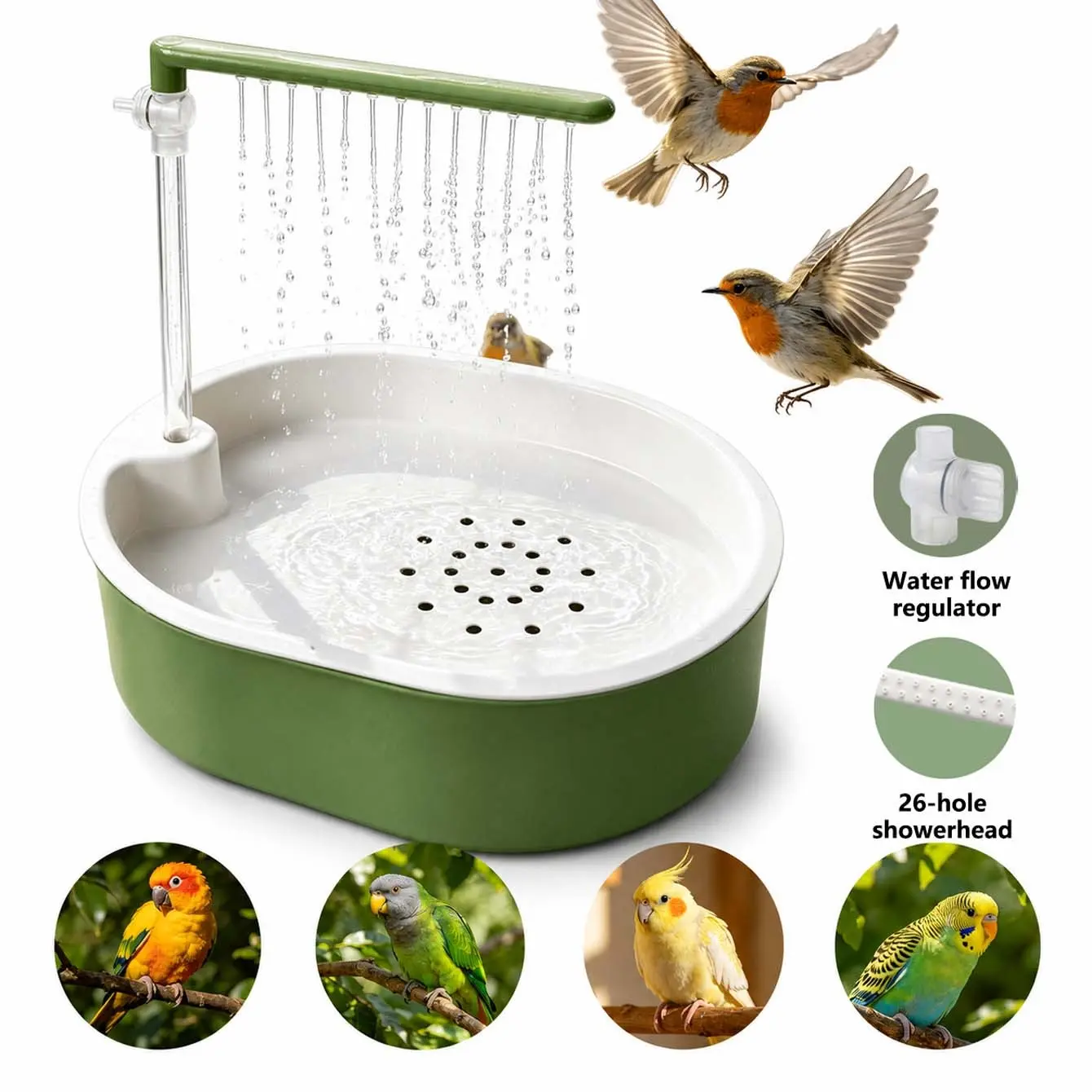 Electric Bird Bath Fountain for Parrots, Automatic Parakeet Bath with 26-Outlet Shower Spray, Large Bird Bath Basin with Wooden Perch, Quiet Water Circulation, Easy Clean Bathing Station for Cockatiels, Budgies, Lovebirds