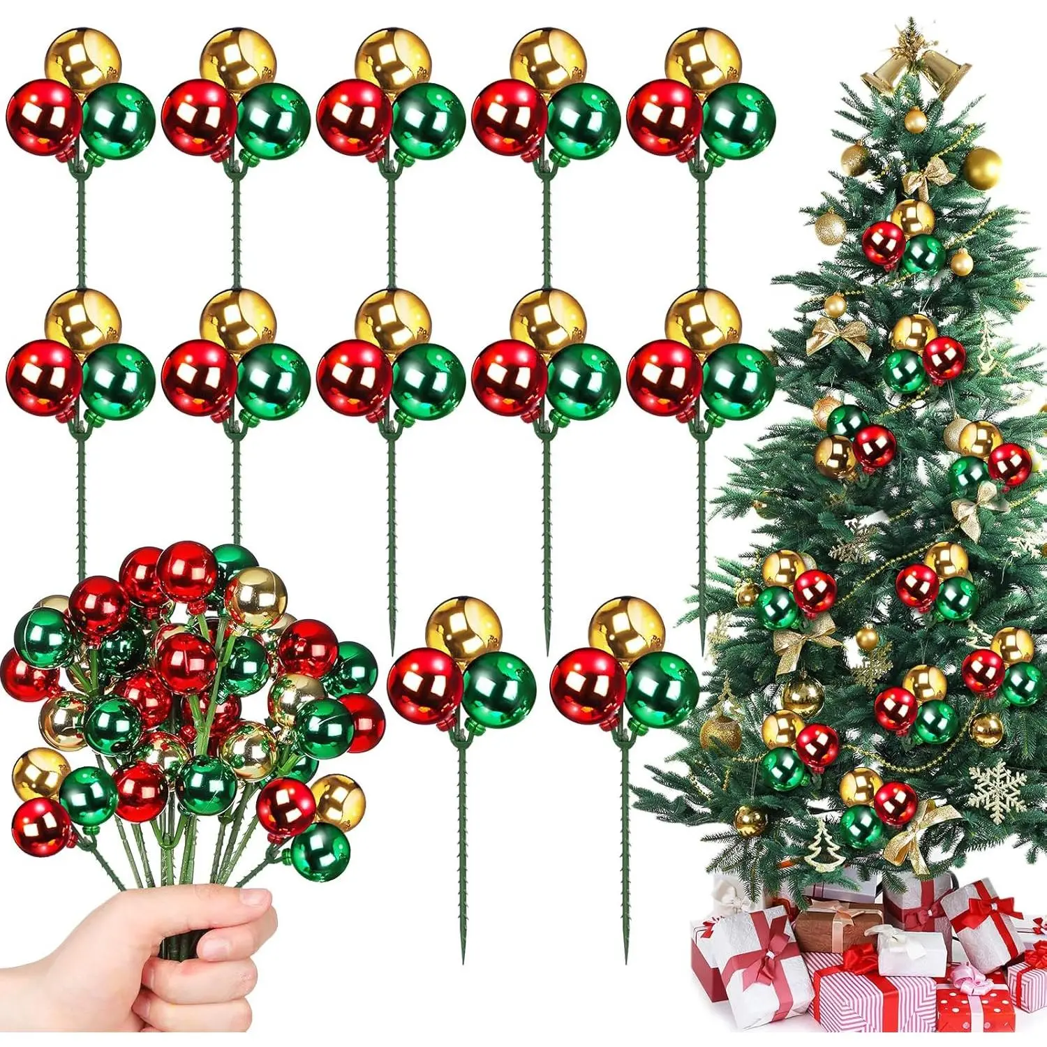 12-Set Decorative Shatterproof Christmas Ball Ornaments on Wired Picks & Sprays, 7.9in Red-Green-Gold Wired Decor for Christmas Tree, Garland Home Supplies