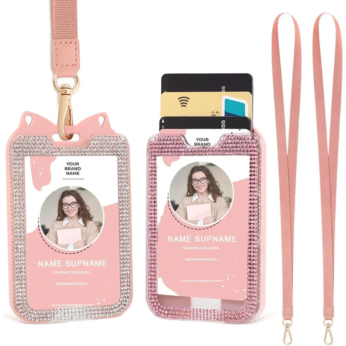 2 Pack Lanyards for ID Badge Holder Bling Sparkly Cute ID Card Holder with Lanyards for Women (Pink and White)