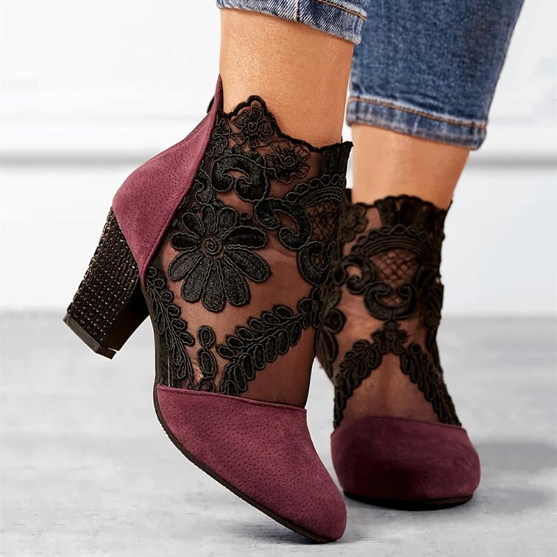 Elegant Black Lace Ankle Boots with Floral Patterns - Comfortable Chunky Heel, Back Zip Closure, Round Toe Design, Breathable Fabric Upper & TPR Sole for Stylish Women Girl Footwear Walking Shoes Decor
