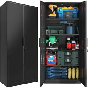 Metal Garage Storage Cabinets with Lock, Black Tall Storage Cabinet with Doors and 4 Adjustable Shelves, Lockable Steel File Cabinet for Office, Home, Garage (Black, 71"H x 31.5"W x 16.5"D)