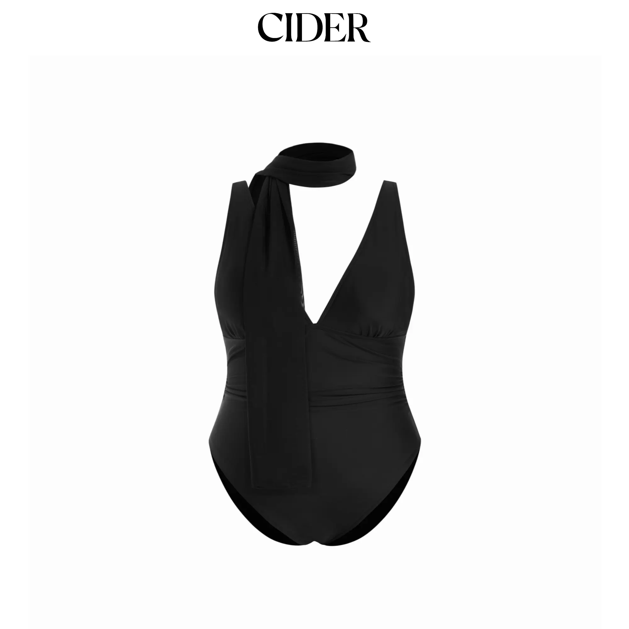 Cider V-neck Ruched High Stretch One Piece Swimsuit With Sheer Scarf