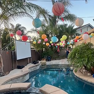 BASIC SUPPLY 5PCS Paper Lanterns Colorful Vibrant Decoration 6inches with LED Lights, Hollow Out Hanging Lanterns with Tassels Walking Sticks for Dinner Birthday Party Decor (Round)