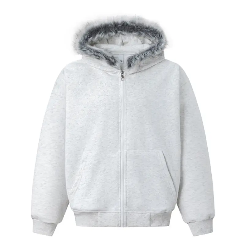 Men Faux Fur Trim Hooded Full Zip Jacket, Warm Lined Zip‑Up Hoodie Coat With Kangaroo Pockets, Loose Fit For Fall Winter Daily Commuting City Walk Outdoor Outfits # sohochic