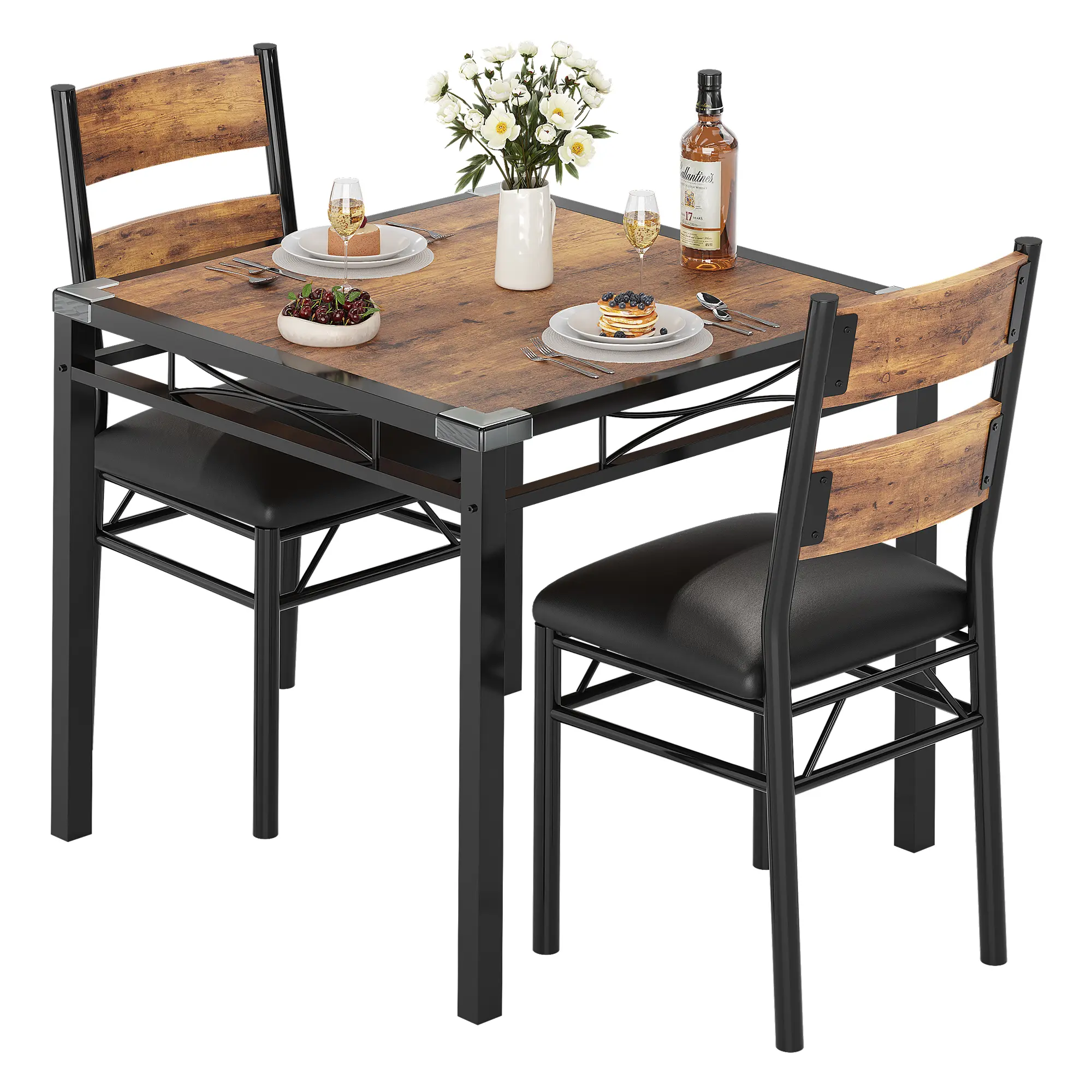 GARVEE 2-Person Square Bistro Set, Compact Space-Saver Square Table with 2 Upholstered Chairs, Commercial Restaurant Furniture for Apartment Breakfast Nook