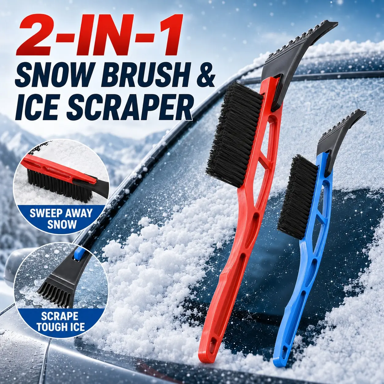 Double Head Car Snow Removal Shovel, 2 in 1 Ice Scraper Snow Brush, Telescopic Extra-Long Snow Shovel for Car Windshield, Efficient Winter Tool
