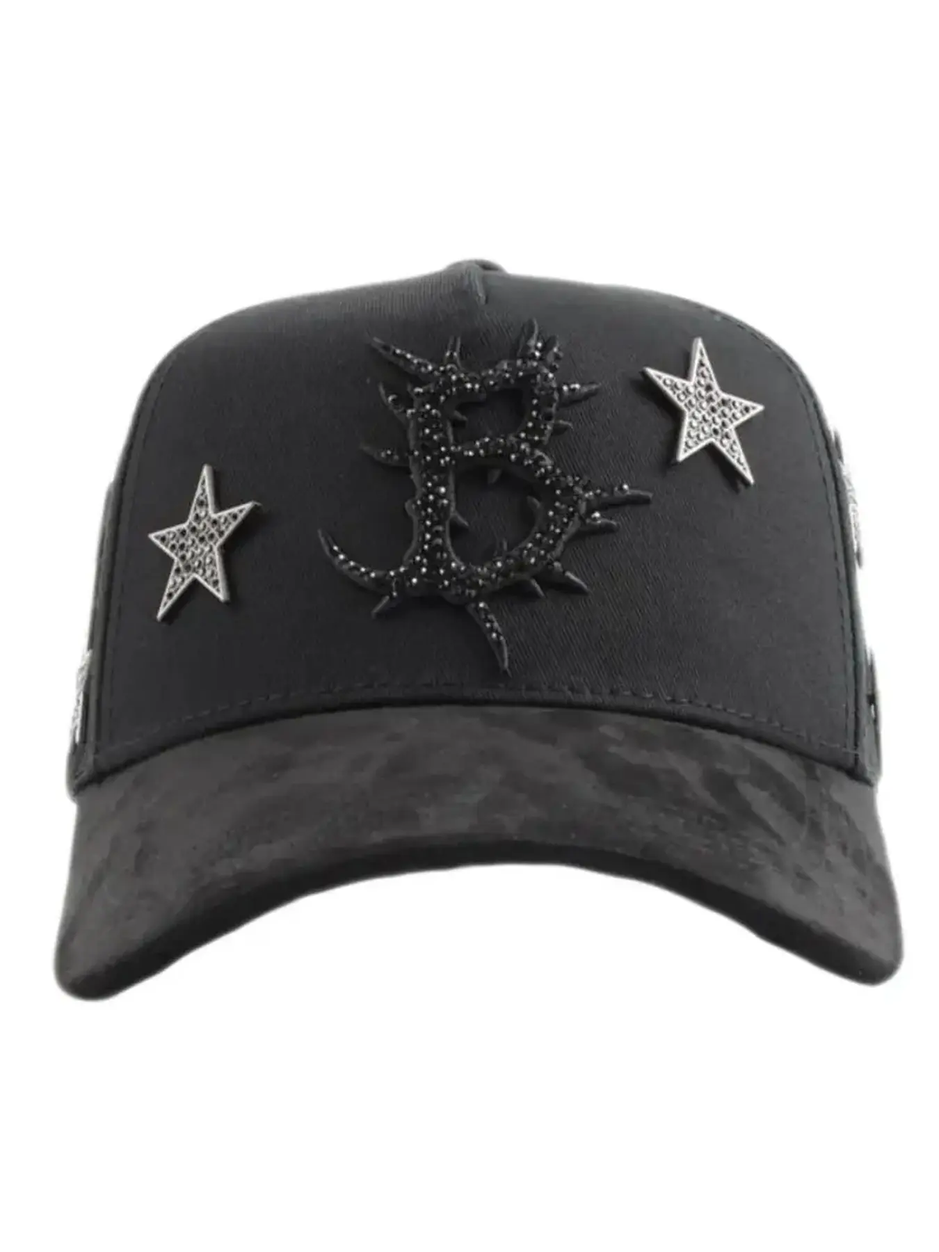 Black street-style hat with the letter B and metal stars, unisex, suitable for urban fashion.