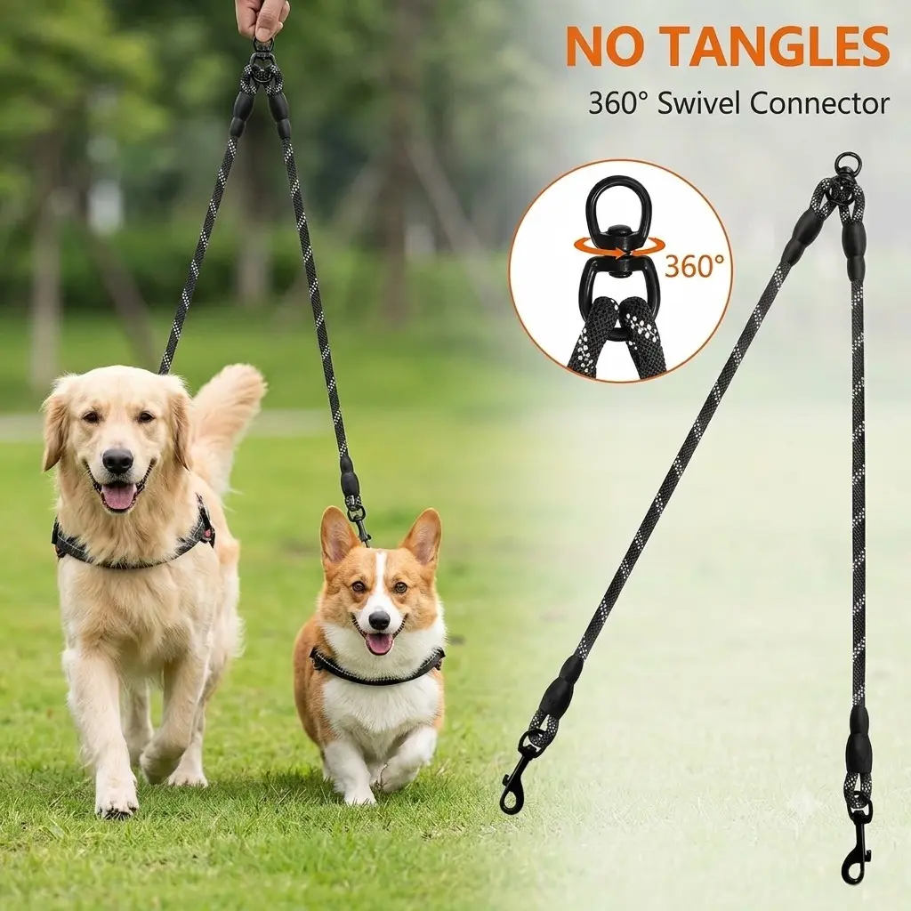 Dog Leash Connector (one-To-Two), Lightweight Dual Leash Extender, Fits Small Dogs, 360° Rotating Anti-Tangle Design, Reflective Strap, 30 Inches Total Length