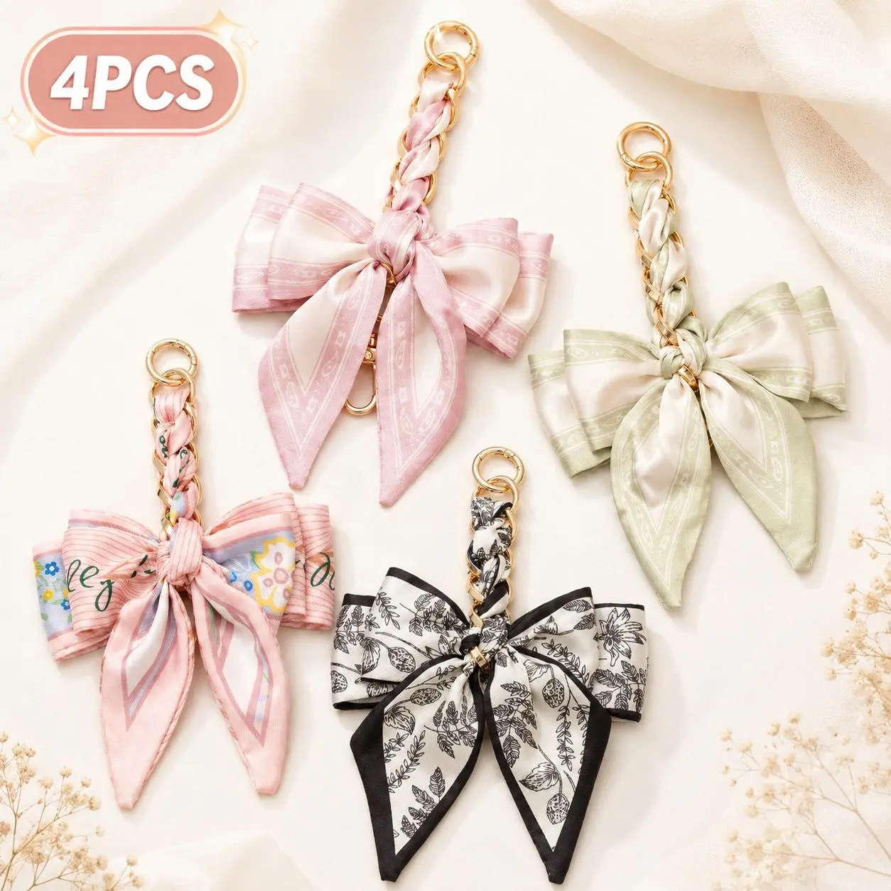 Women's 4PCS Elegant Floral Silk Bow Bag Charm Set - Girly Purse Accessories with Gold Chain Accent, Silky Satin Handbag Clips, Snap-Closure Luggage Decor Keychains, Snap Clips, Vintage Chic