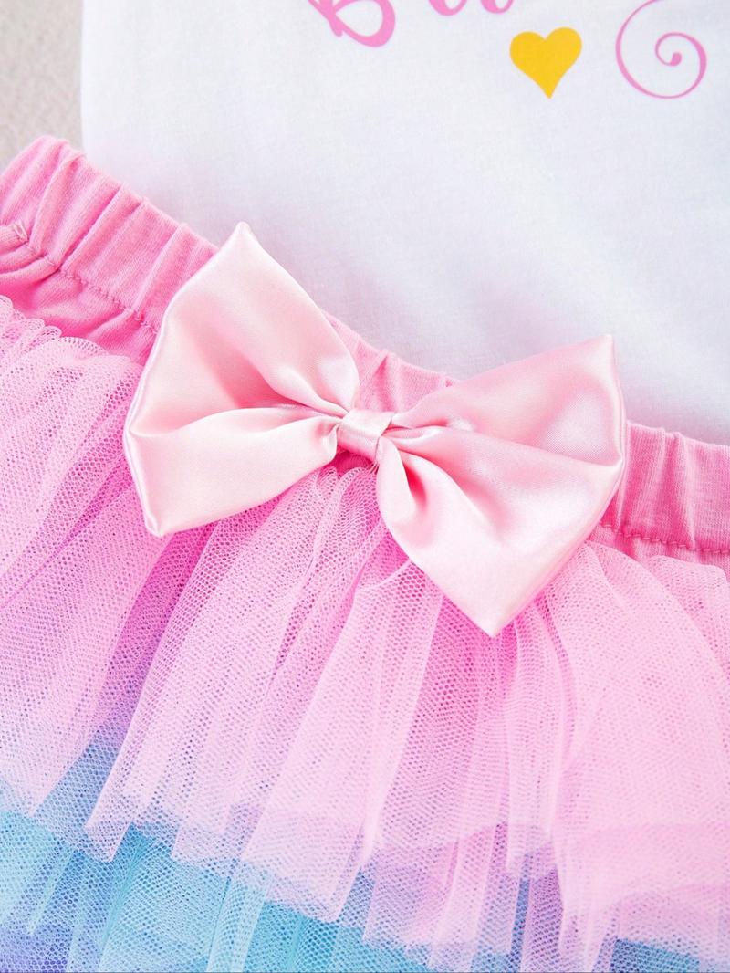 Three-Piece Set Baby Girl's Letter Print Tee & Colorblock Tiered Layer Skirt & Bow Decor Hair Band Set, Cute Butterfly Sleeve Round Neck Top & Tutu Skirt & Hair Band, Infant Toddler Kids Birthday Party Outfits