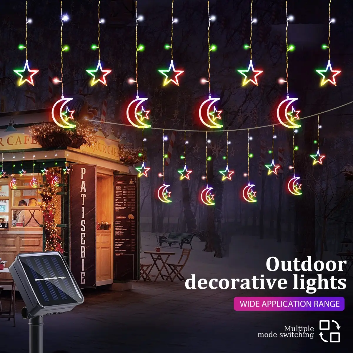 Solar Moon Star Lamp, 8 Modes, 120 Leds, Colorful Party Light, Festive Decor for Ramadan, Christmas, Halloween, Birthday, Wedding, Bedroom, Living Room, Porch