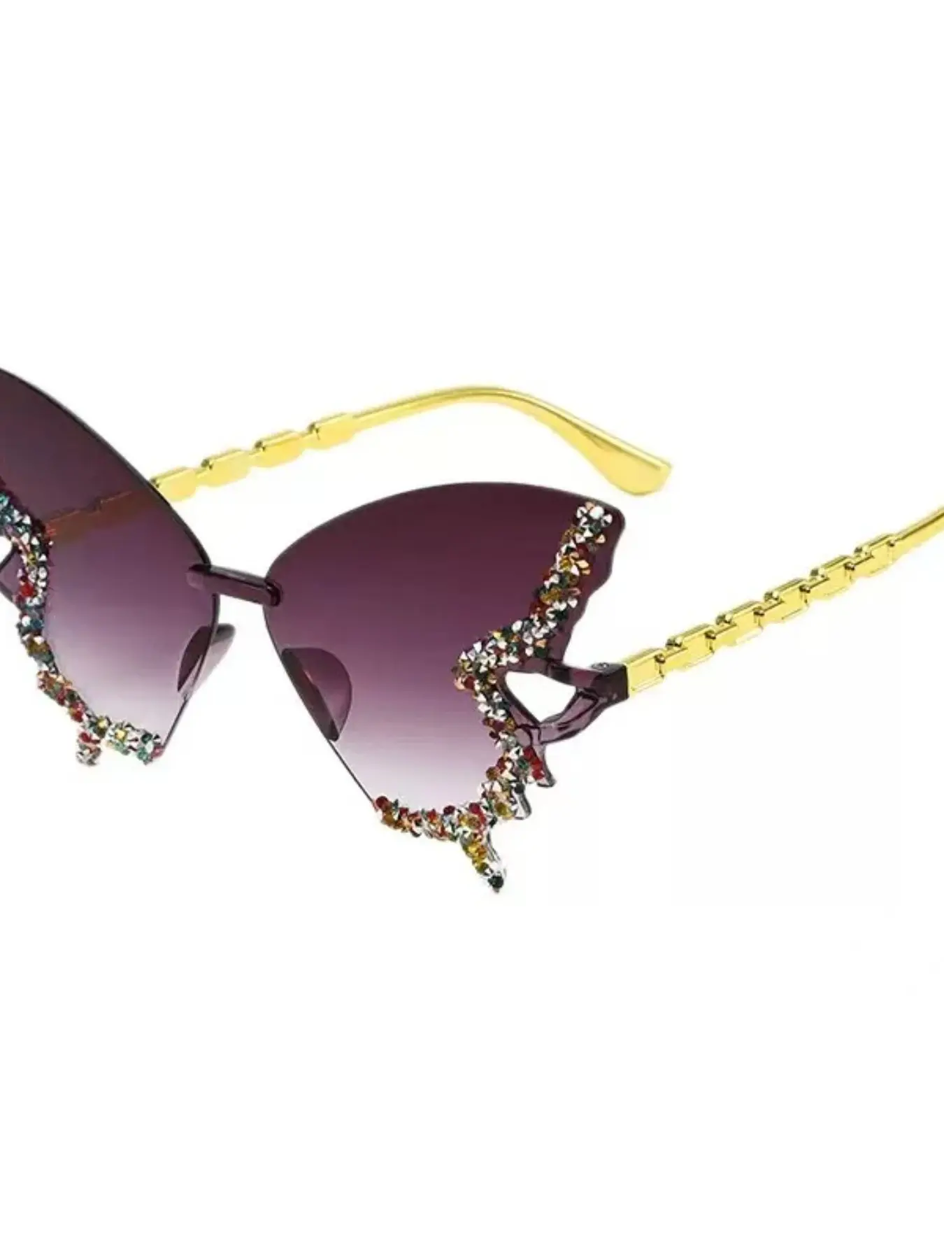 European Style Rhinestone Butterfly Sunglasses, Gradient Lens Trendy Shades, Vacation Vibes Accessory, Millennial Y2K Sparkle Mirror, Hollow Frame Design, Fashionable Frames Sunglasses