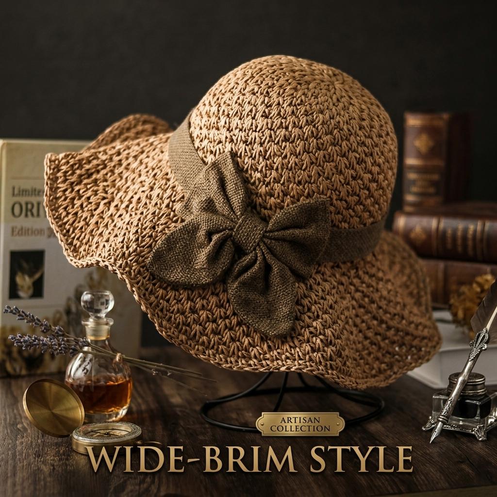 Women Retro Straw Beach  – Foldable Wide Brim Sun  with Bow, Breathable Woven Summer  for Travel, Vacation and Outdoor hat