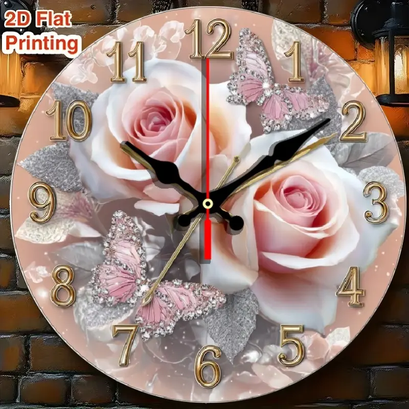 2D Flat Blush Rose & Butterfly Clock| Luxurious and romantic style, suitable for charming living rooms, elegant spaces, and luxurious themed home areas, round acrylic clock, requires AA batteries (not included), Decorative Clock, Battery Operated Clock