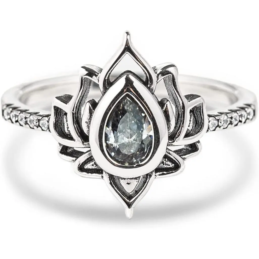 Women's Silver Lotus Flower Promise Ring - Thanksgiving Jewelry Gift, Cubic Zirconia Synthetic Diamond Stone Ring with Flower Motif, Empowering Dainty Accessory