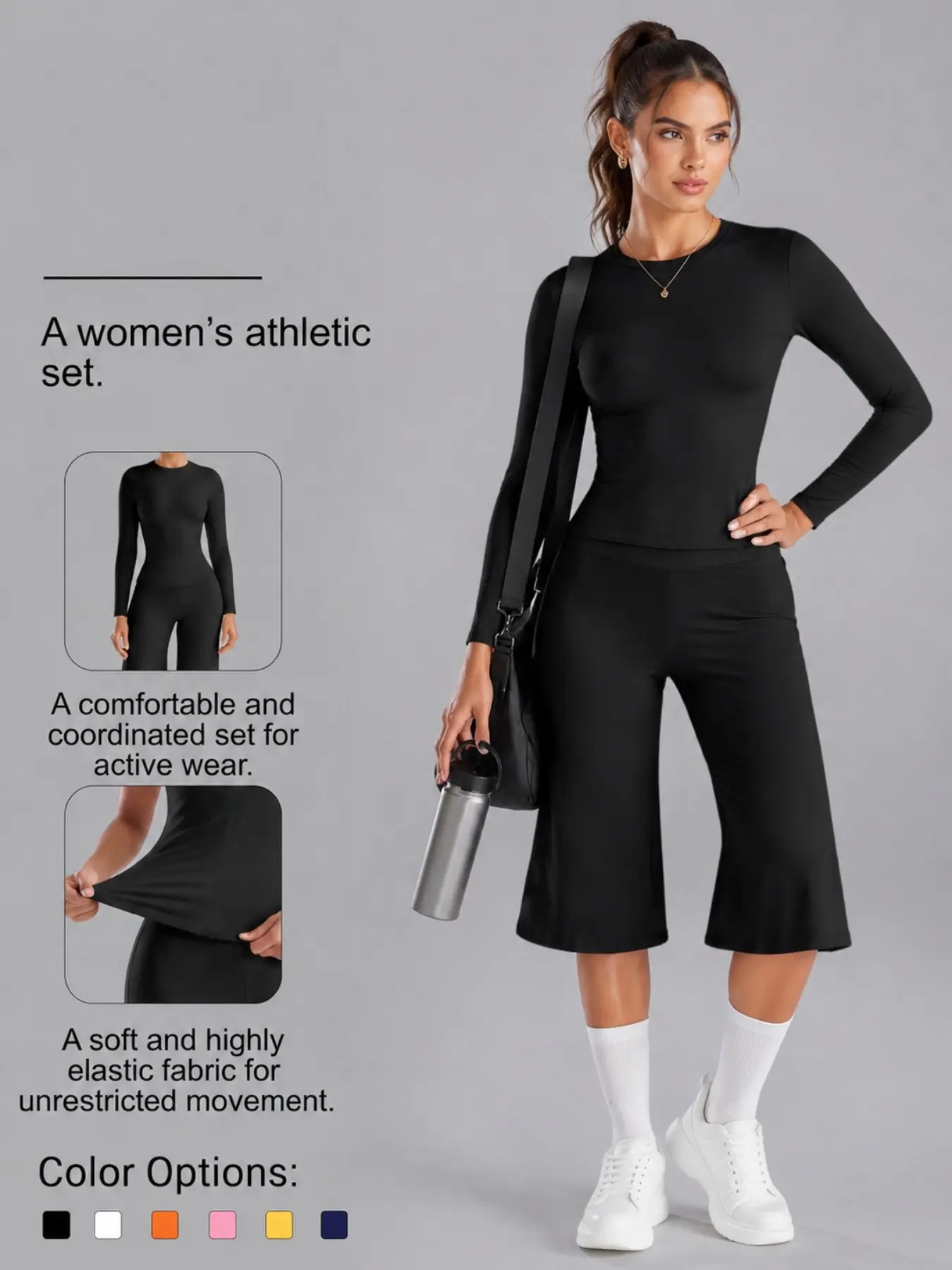 Women's Two-Piece Sports Set, Long Sleeve Slim Fit Top, High Waist Wide Leg Seven-Quarter Pants, Elastic Yoga Fitness Wear, Sporty Plain Design