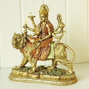 Alikiki Hindu Goddess Lord Durga Statue - India God Antique Gold Durga Murti Idol Home Temple Puja Sculpture Indian Diwali Day Mandir Pooja Decoration Family Spiritual Symbol Decor