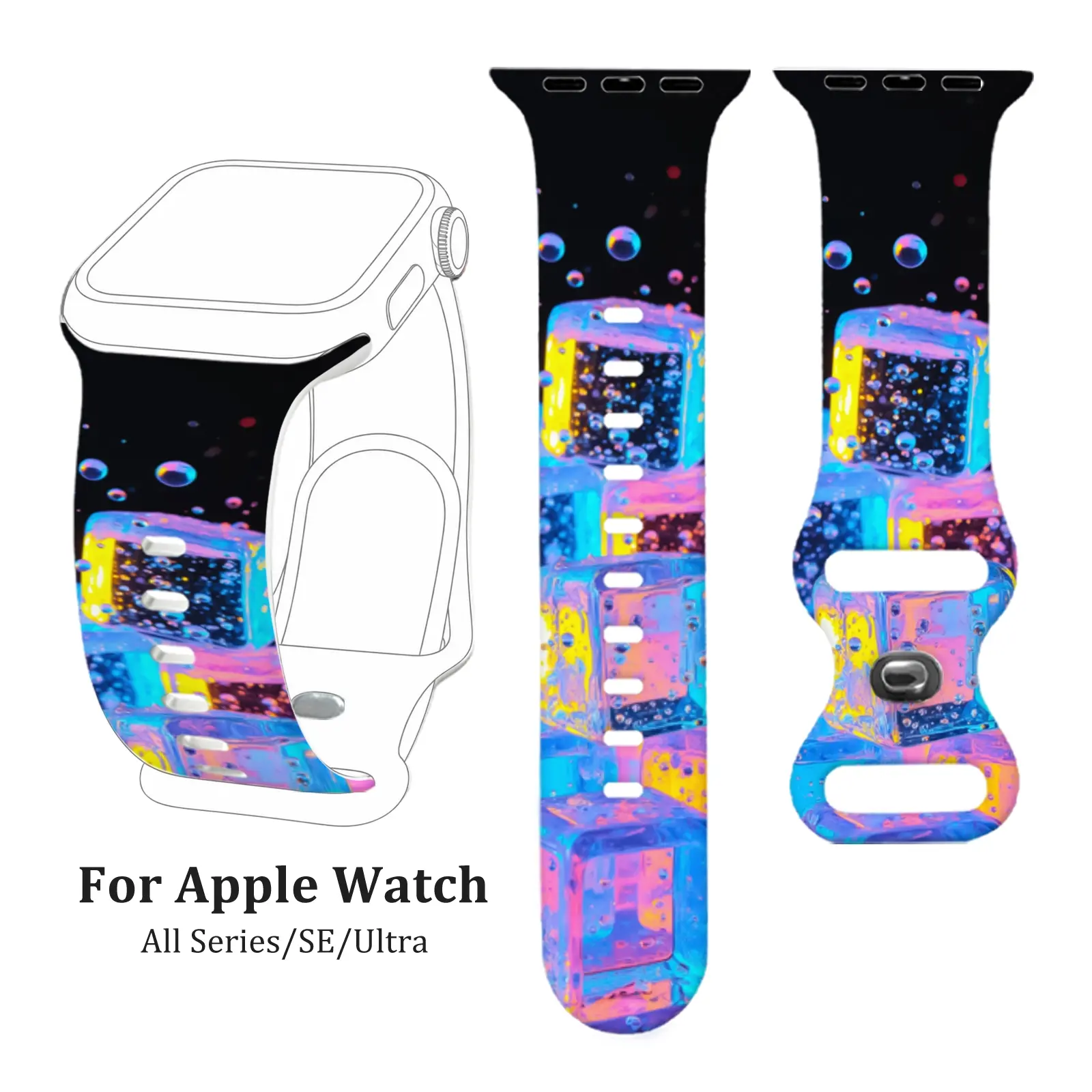Neon Ice Cube Bubble Print Silicone Strap, Waterproof Sweatproof Soft Fit, For Apple Watch Series 4/5/6/7/8/9/10 SE1/2 Ultra1/2/3, Women Men Teens, Party Street Gym Travel, Summer Gift.