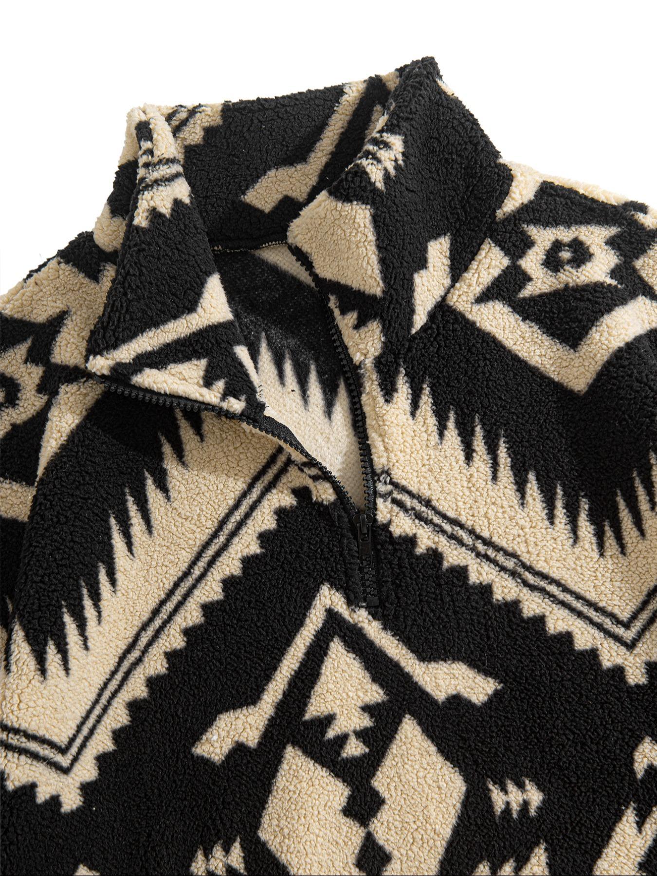 Men's Ethnic Pattern Zip Up Kangaroo Pocket Plush Sweatshirt, Menswear Casual Boho Style Drop Shoulder Long Sleeve Fuzzy Outerwear, Men's Fall & Winter Clothes