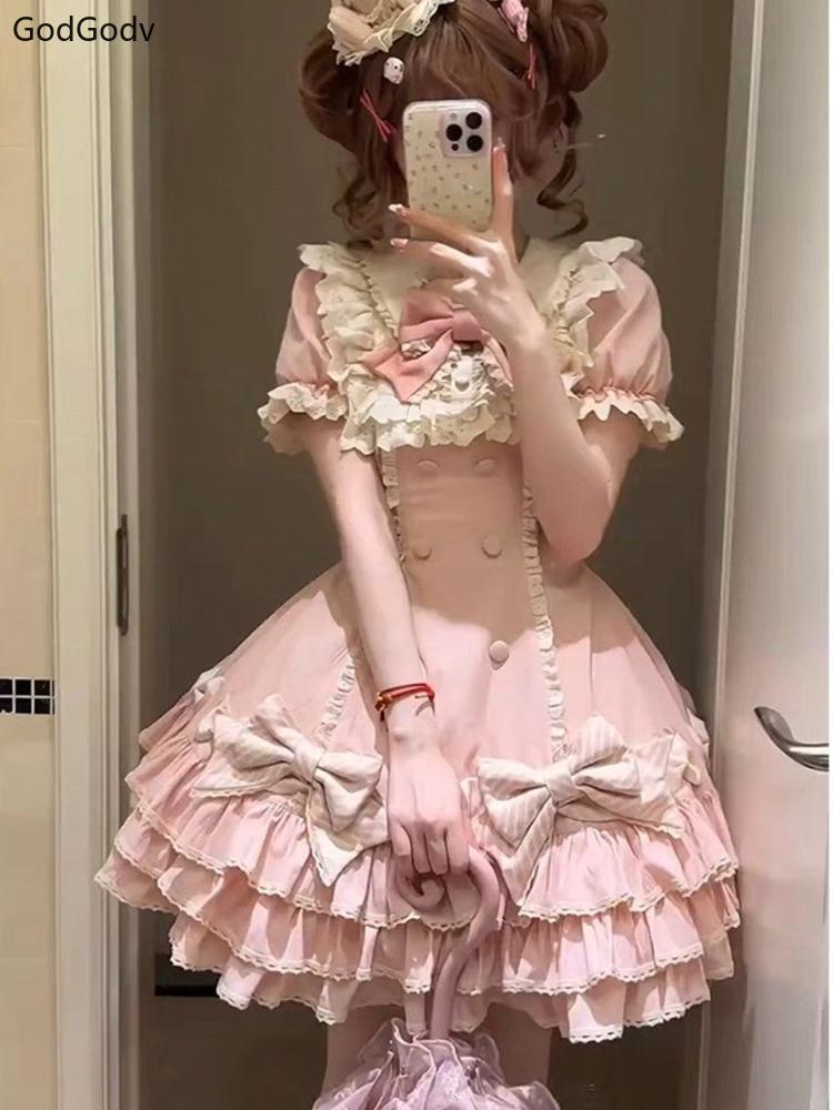 Japanese Sweet Lolita Kawaii Elegant Dress Women Princess  Bow Fake Two Piece Dresses Female Korea Style Design Chic Outfits