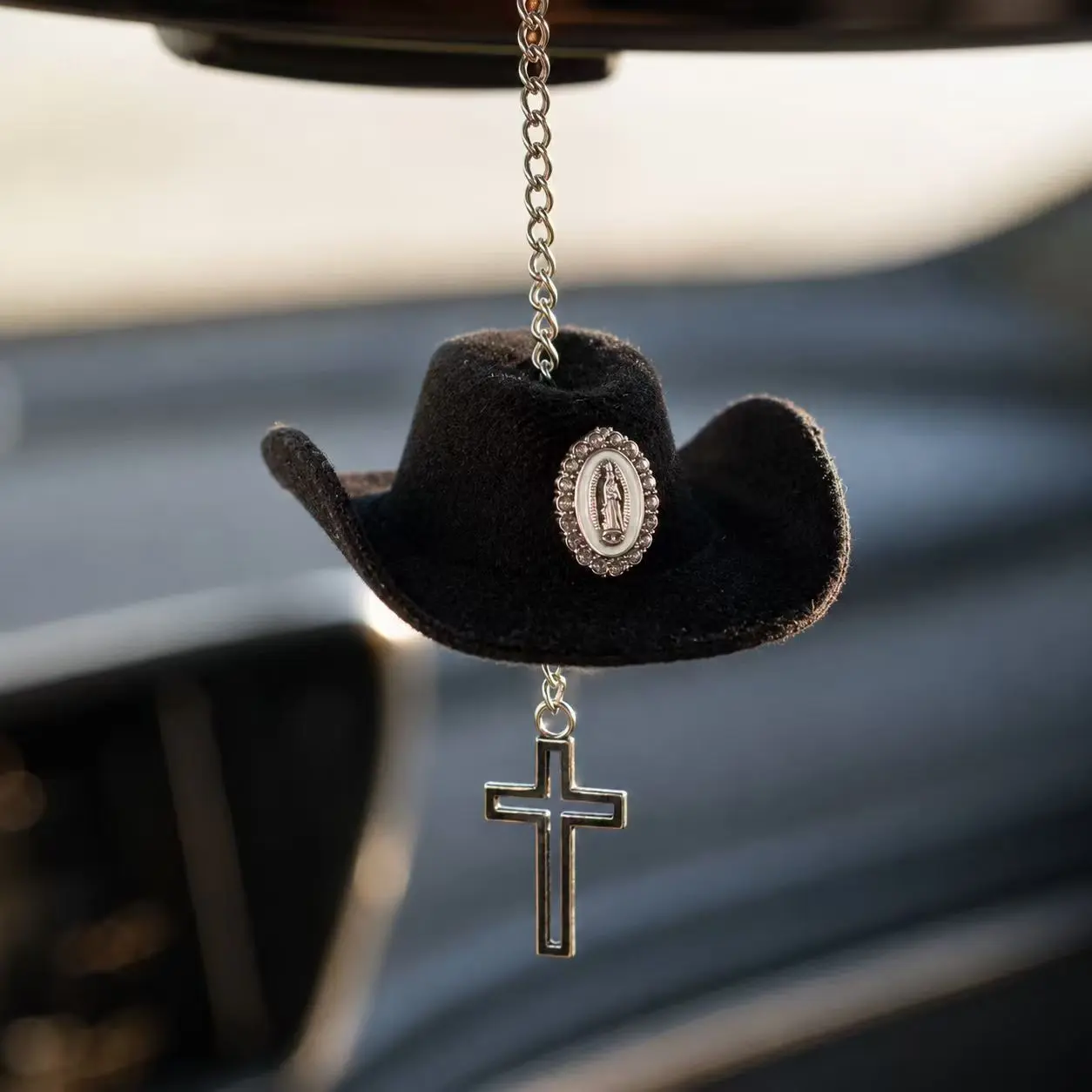 Faith Charm - cowboy hat with Virgin Mary charm and rhinestone trim.  cross hanging charm Car