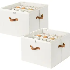 2 Pack Shoe Organizer for Closet, Foldable Shoe Storage Box with Adjustable Dividers, Fabric Shoes Container, Stackable Storage Bins for Boots, Sneakers, Fits up to 16-32 Pairs, Beige