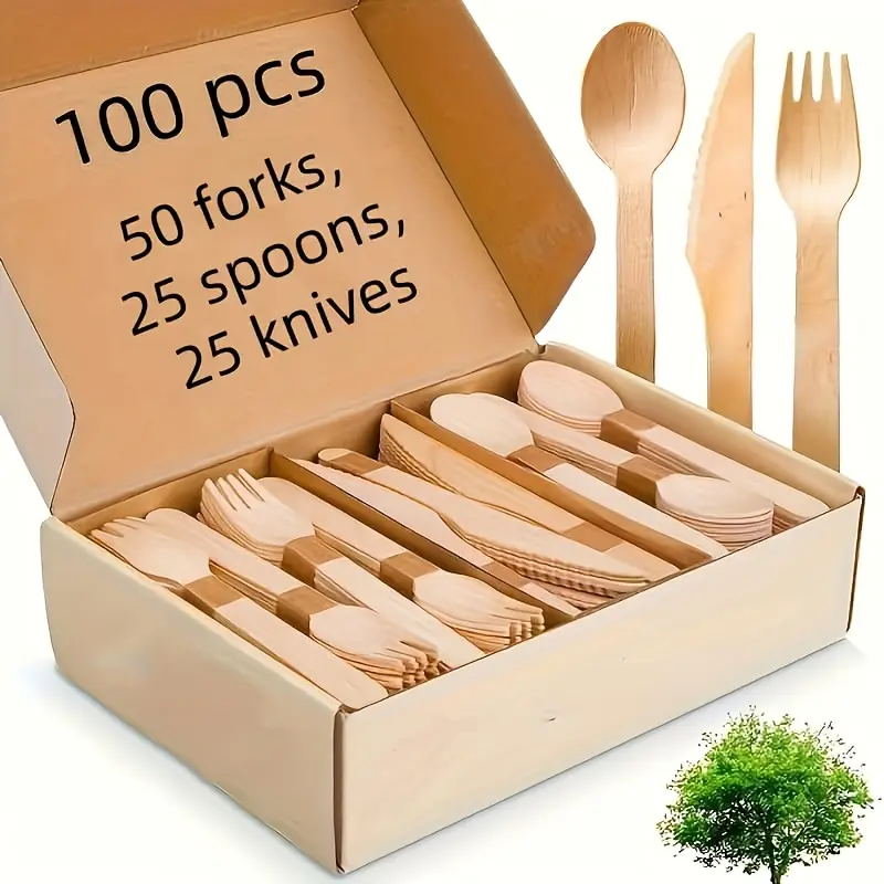 100/200 piece disposable cutlery set (50/100 forks, 25/50 knives, 25/50 spoons), 6.3inch / 16cm wooden cutlery/uncoated wooden cutlery, suitable for events and catering