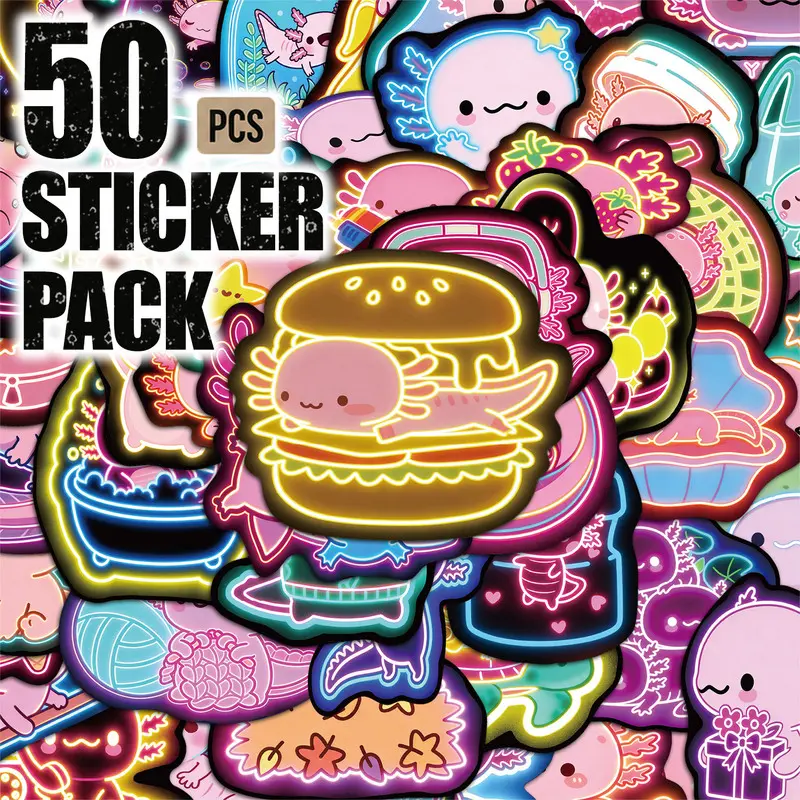 50pcs*5packs Neon Axolotl Aesthetic Vinyl Stickers Pack for Laptop Water Bottle Phone Case Skateboard Journal Scrapbook DIY Decoration