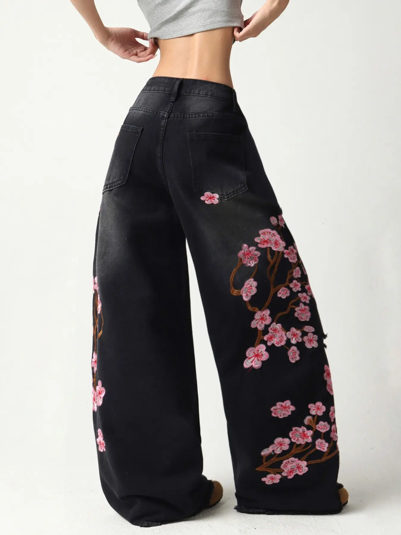 Women's High-Waisted Loose-Fit Jeans, Trouser, Embroidered Floral Design, Y2K Street Style, All-Season Fashion, Multiple Colors Available