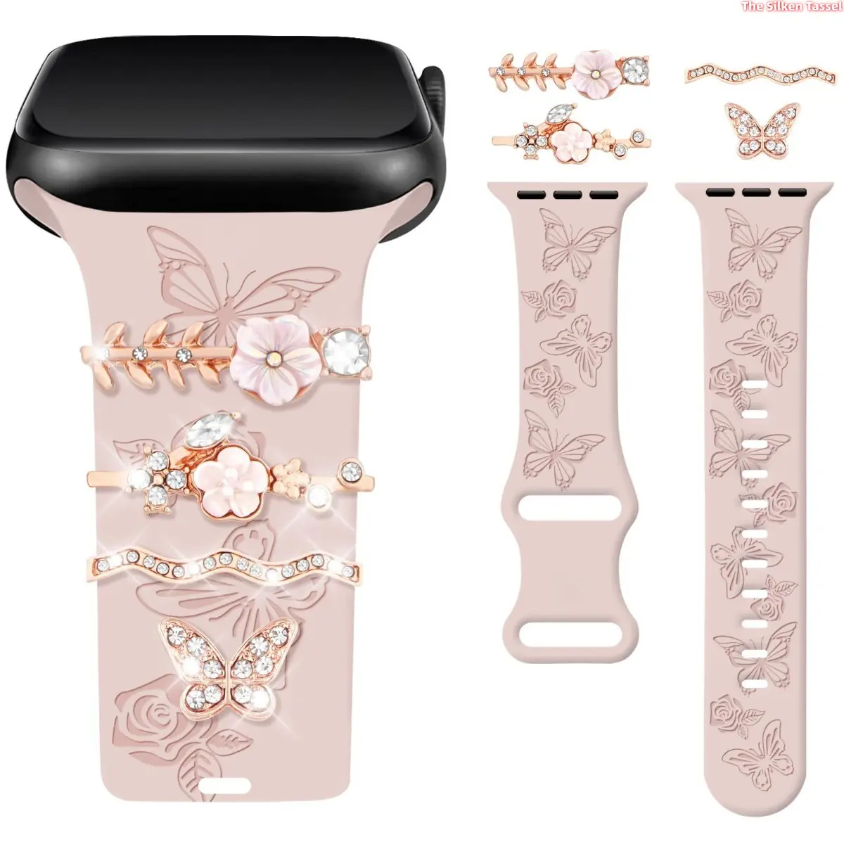 Rose Gold Tone Rhinestone Ornament Slider Charm Set - Floral DIY Bag Accessories, Butterfly Decor Addons for Women's Wristband Blingwear, Rhinestoneornament