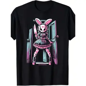 [100% Cotton] 100% Cotton Casual Crew Neck Tee Featuring a Gothic Rabbit Graphic, Complete with Pink Highlights And an Edgy Design of a Knife-Wielding Bunny. This Regular Fit, Short-Sleeve Shirt Is Perfect for Year-Round Wear And Makes a Great Gift for Oc