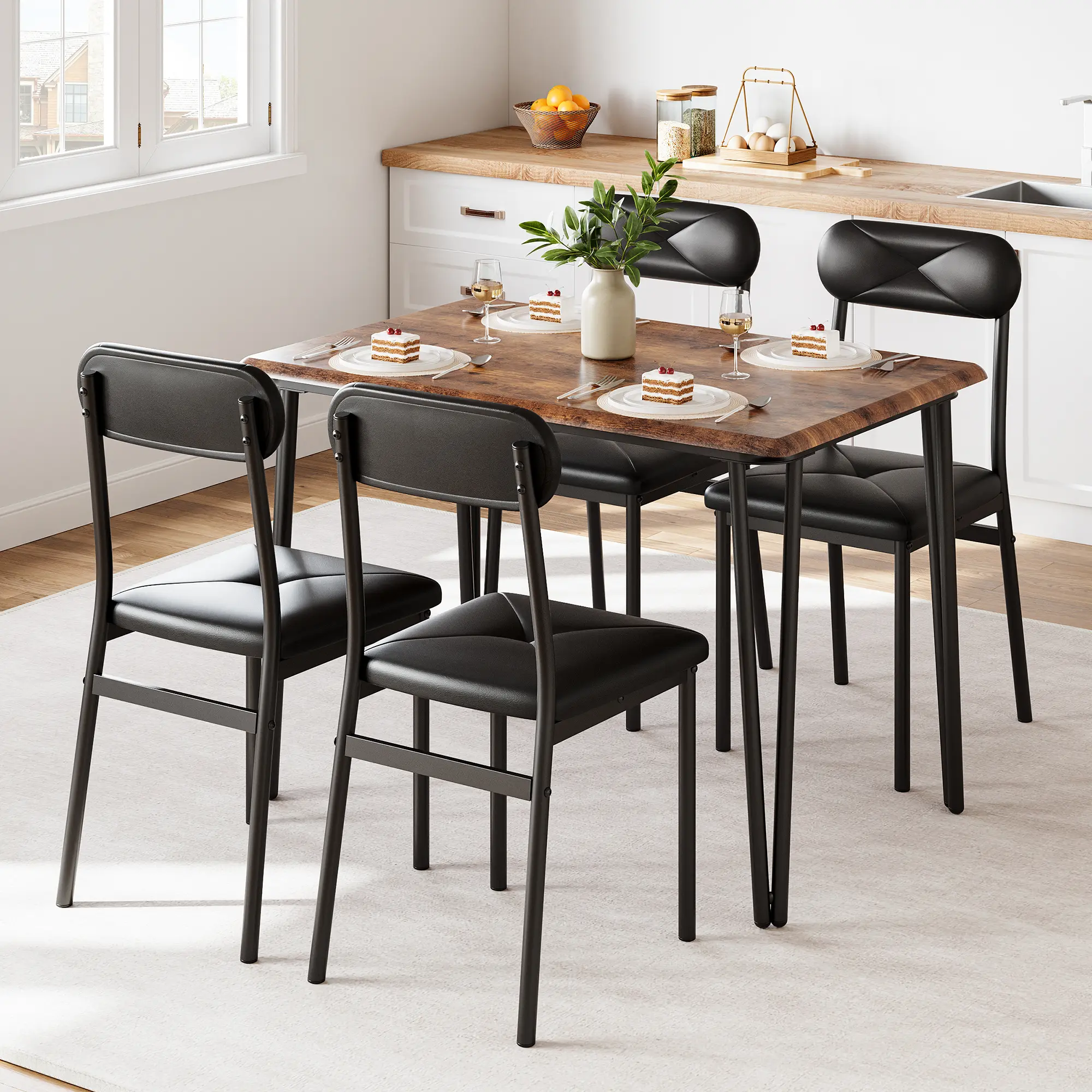 4 Piece Industrial Desk and Chair Set for Home Office, Compact Workstation with Wood Tabletop and PU Leather Seat, Sturdy Metal Frame for Small Spaces
