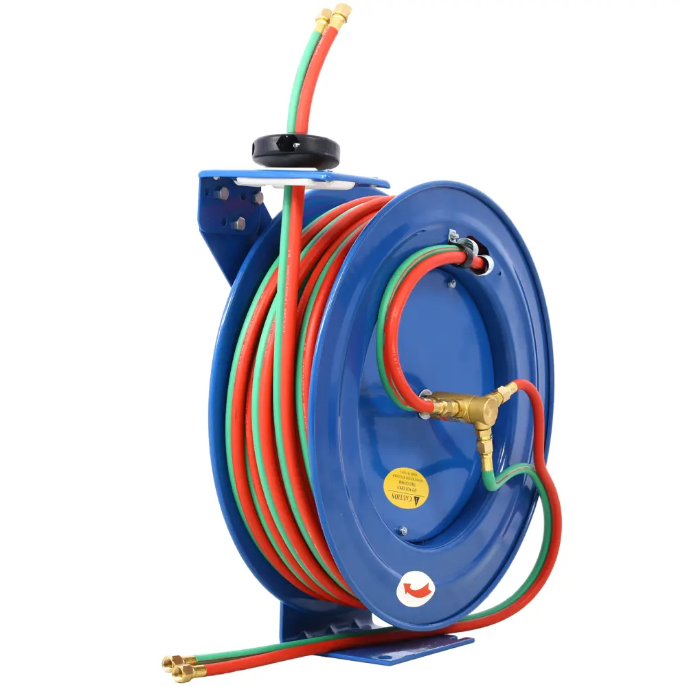 Retractable Welding Hose Reel 1/4" x 100FT Twin Oxygen Acetylene Hose Reel with Rubber Welding Hoses, Heavy Duty Industrial Gas Reel, Single Arm Swing Mount, Max 200 PSI, Standard Duty Welding Equipment for Oxy Fuel Cutting & Welding