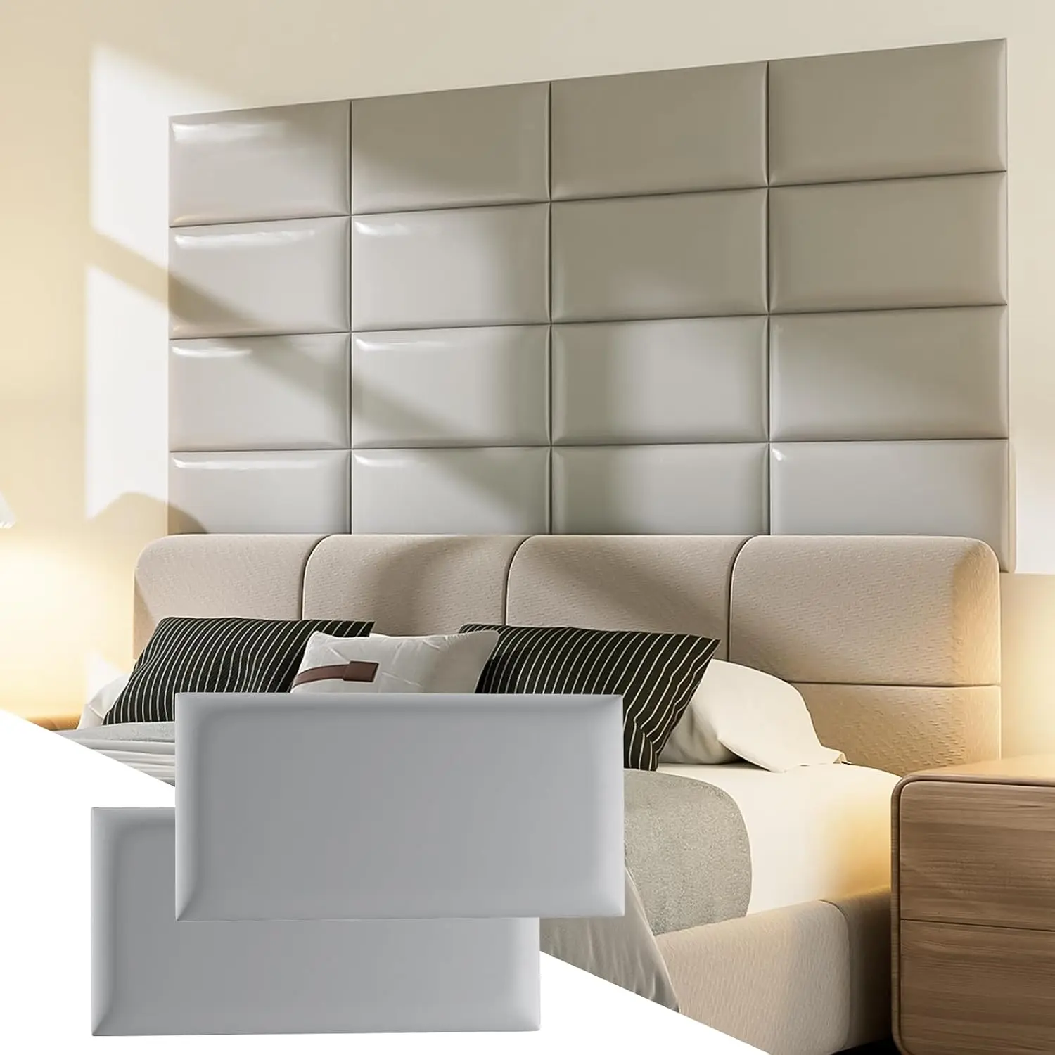 Upholstered Headboard Panels, 4 Panels Sized 7.8" x 15.7" Peel and Stick Padded Wall Panels for ,  Anti- Wall Mounted Bed headboard for Full, Grey