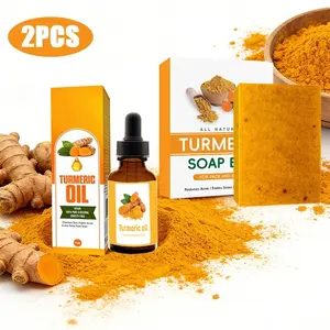 2Pcs turmeric essence oil and turmeric kojic acid soap washing set, mild cleaning, moisturizing, firming, moisturizing, brightening skin color, whitening and acne removing, 24h moisturizing and skin care, skincare， Ideal Gift for Giving