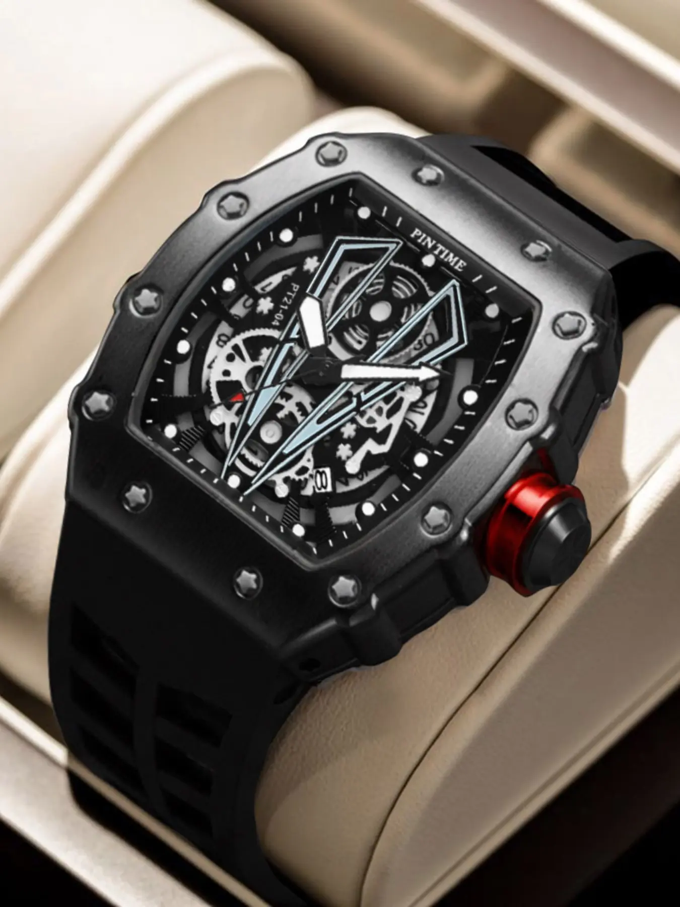 Men's Quartz Watch with Hollow Barrel Silicone Strap, Business Calendar Sport Watch, Casual Fashion Watch for All Occasions, Modern Fashionable Wristwatch, Analog Watches, Barrel Shape Watch