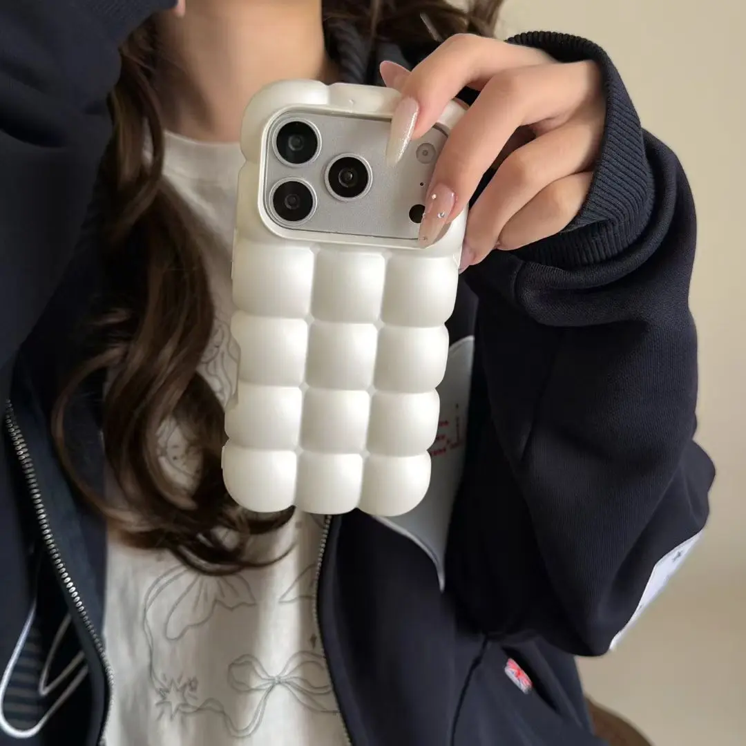 3D Pearlescent White Eggshell Phone Case - Creative Protective Cover Compatible with iPhone 14 Pro Max, 15 Pro Max, 16, 17