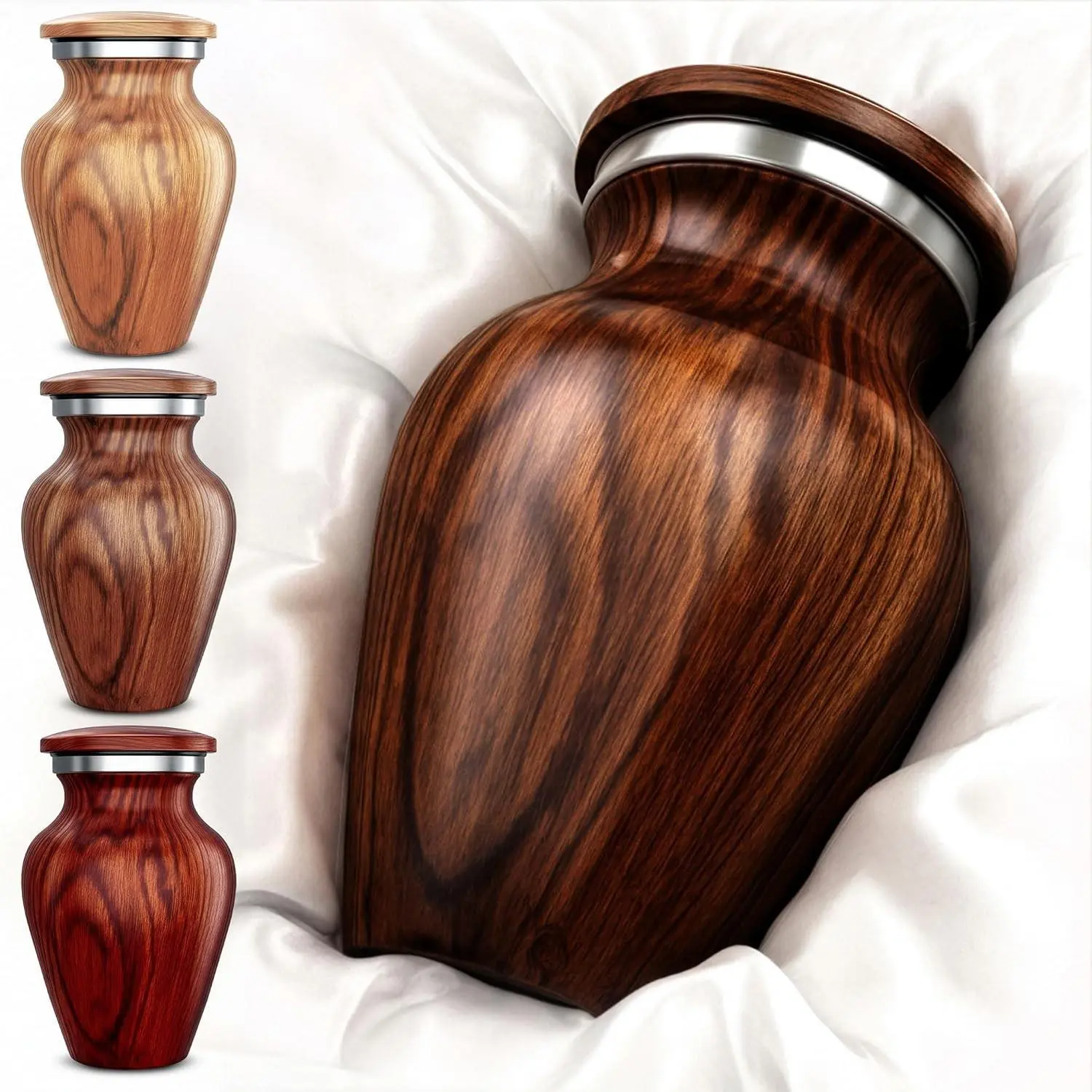 Small Keepsake Urn for Human Ashes with Cherry Wood Appearance, Handcrafted Mini Memorial Urn for Sharing, Recycled Cast Aluminum, Secure Lid, Velvet Bag & Funnel – Decorative ContainerGift