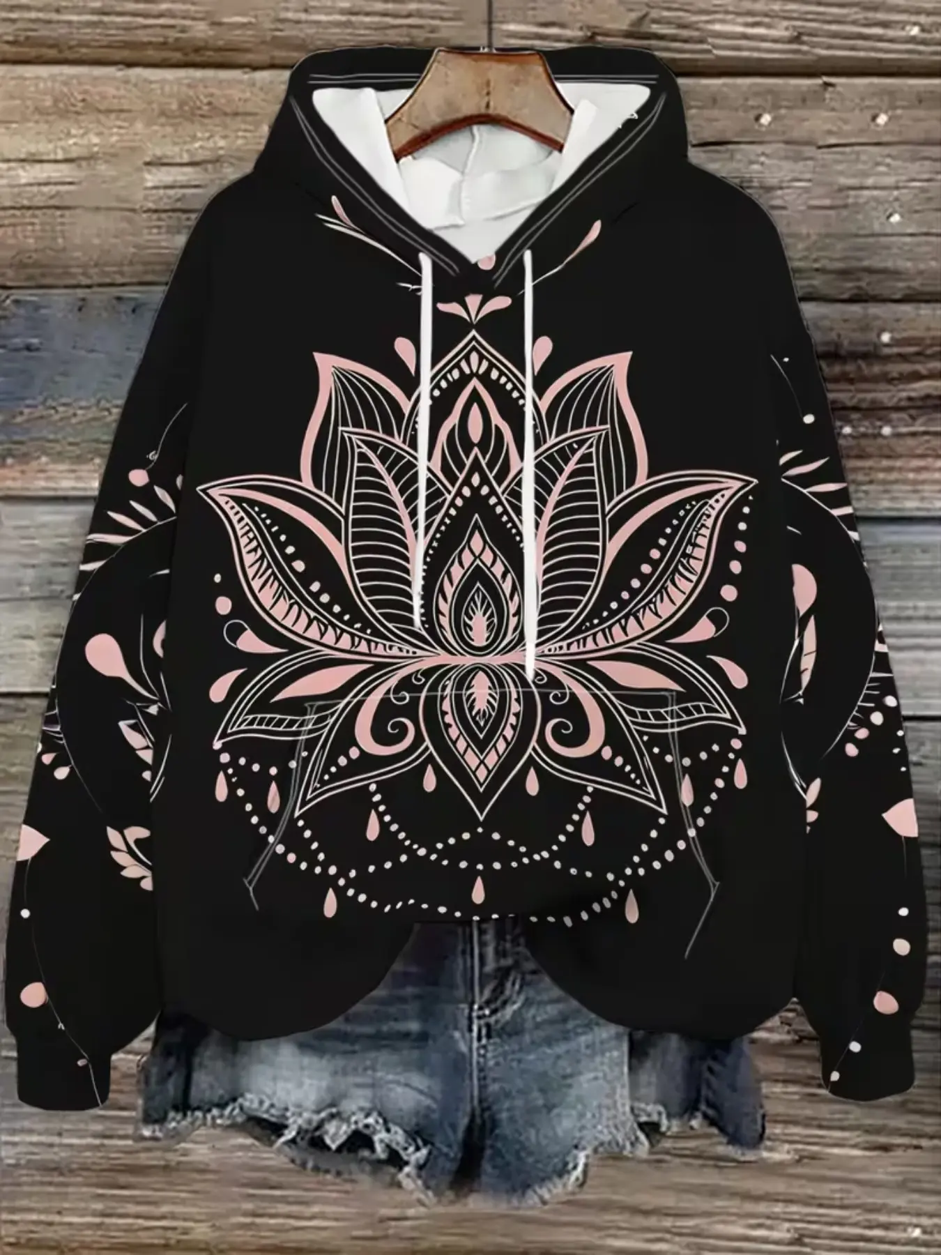 Women's Lotus Mandala Print Hoodie, Bohemian Style Casual Long Sleeve Top, Loose-Fitting All Seasons Apparel