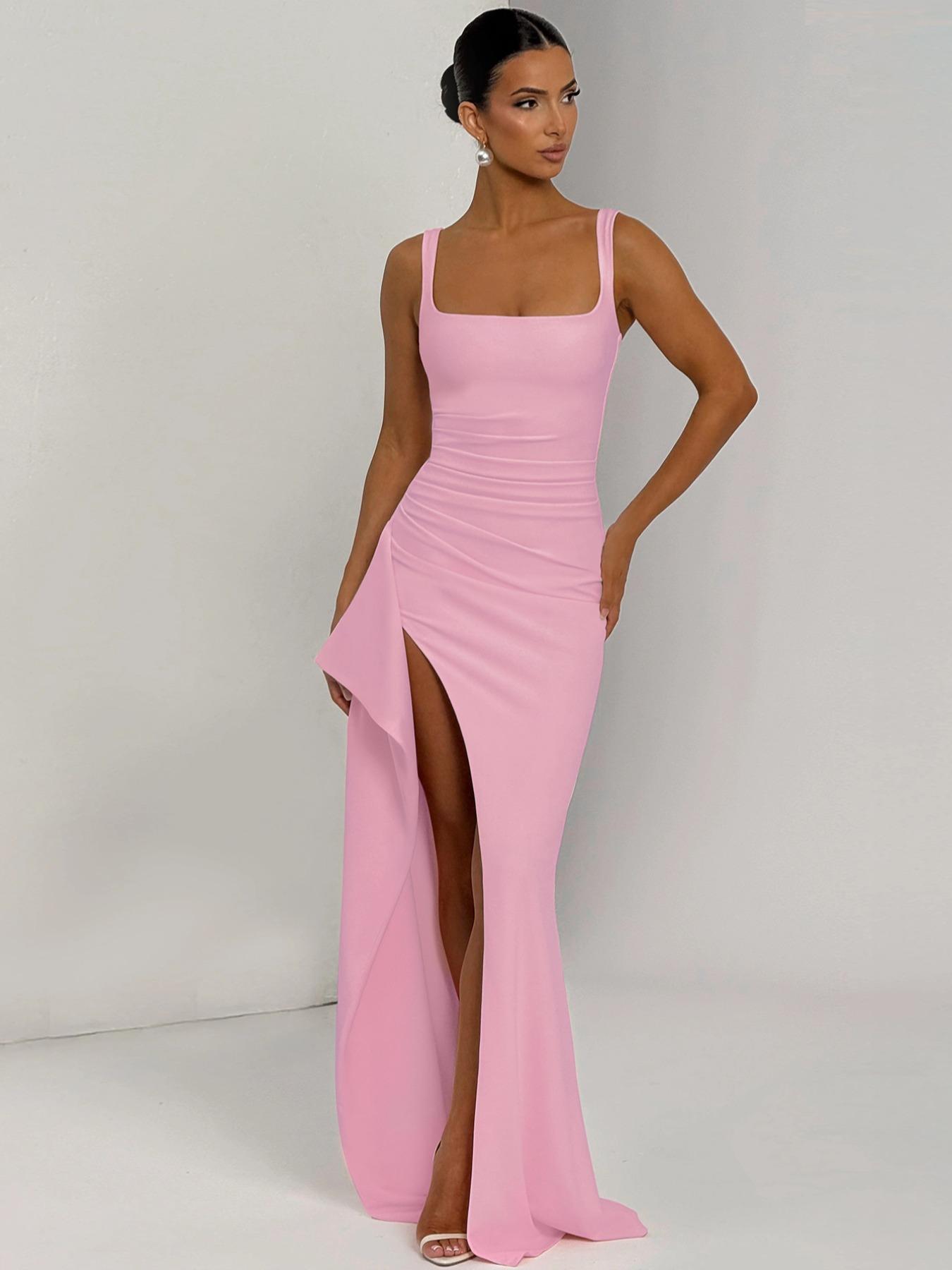 Women's Solid Color Ruched Side High Slit Sleeveless Bodycon Dress, Sexy Backless Square Neck Formal Dress, Evening Gown for Parties, Clubs and Dates, Elegant Long Dress for All-Season Daily Wear