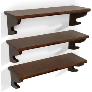 Wood Floating Shelves for Wall 3 Pack, 17 inch Rustic Wall Shelves with Hook, Decorative Hanging Shelves for Bedroom Living Room Nursery Office and More Light Walnut
