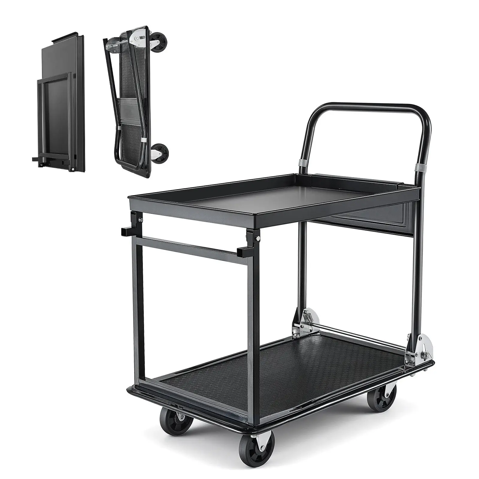 【DealsForYouDays】VEVOR Foldable Push Cart Dolly, 700 lbs, Heavy Duty Platform Hand Truck with Wheels, High-Strength Steel, 2 Tier Moving Flatbed Cart, for Warehouse, Garage, Workshop, Office, 28.7x 18.5x 32.3 in