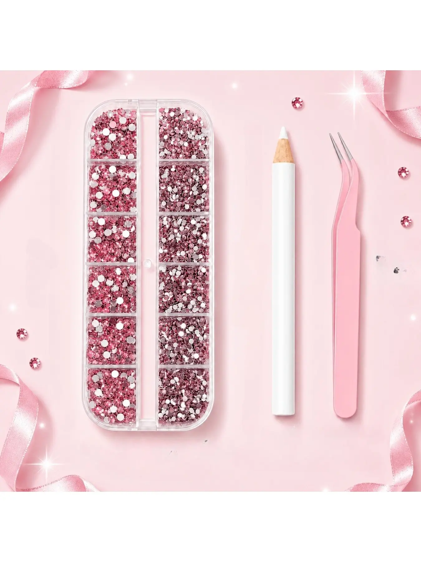 12 grid pink rhinestone set, mixed size shiny nail decoration, DIY handmade, shoe, phone case decoration