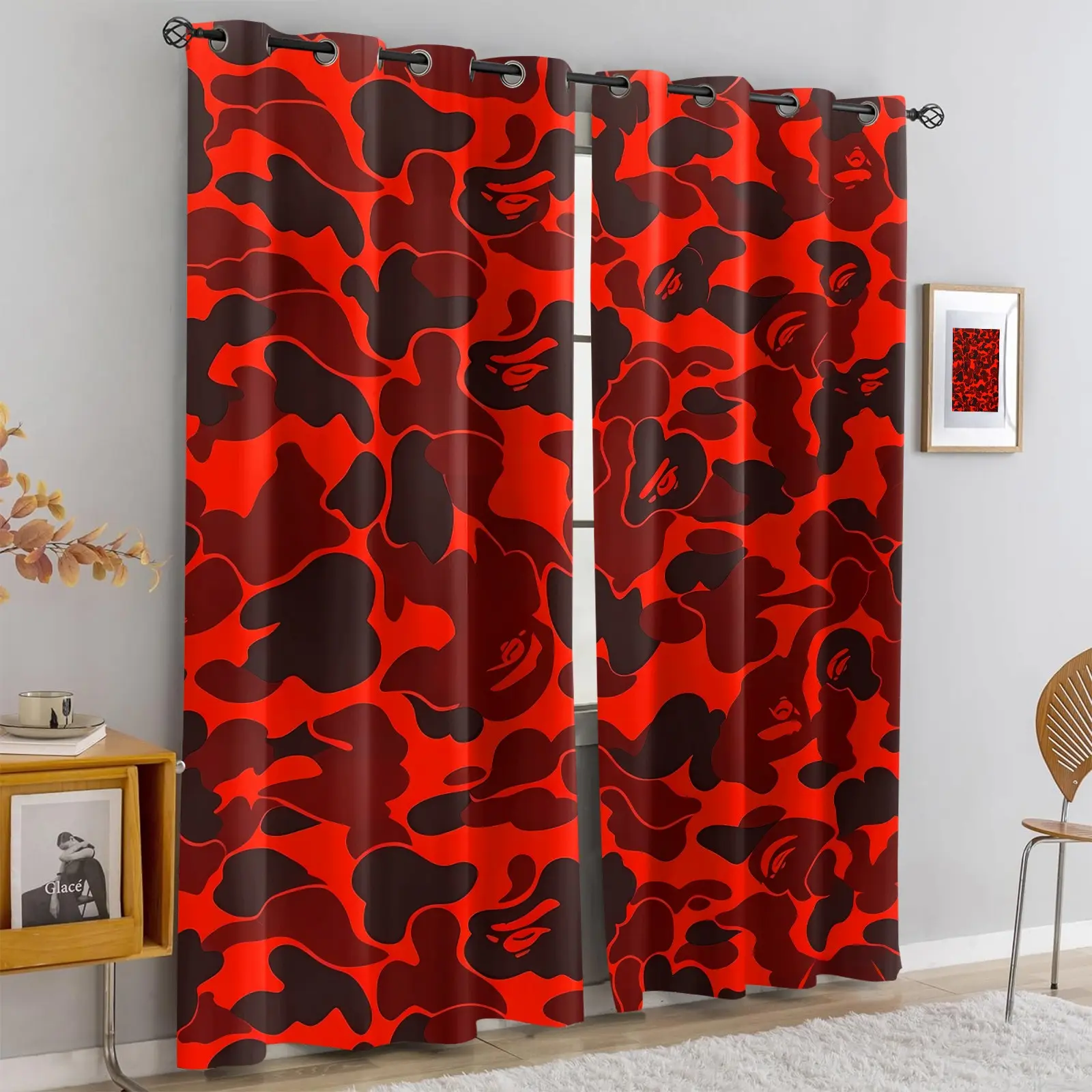 2 Panels Red Black Camo Ape Face Print Blackout Curtains, Street Hip Hop Camouflage Grommet Window Drapes, Machine Washable Light Blocking Curtains for Gaming Room Teen Bedroom Decor