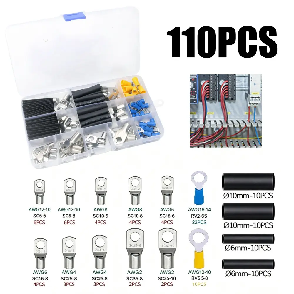 110pcs Copper Nose Ring Terminal Connectors, Sc Series Wire Connector Rings, Heat Shrink Tube, Electrical Wiring Accessories