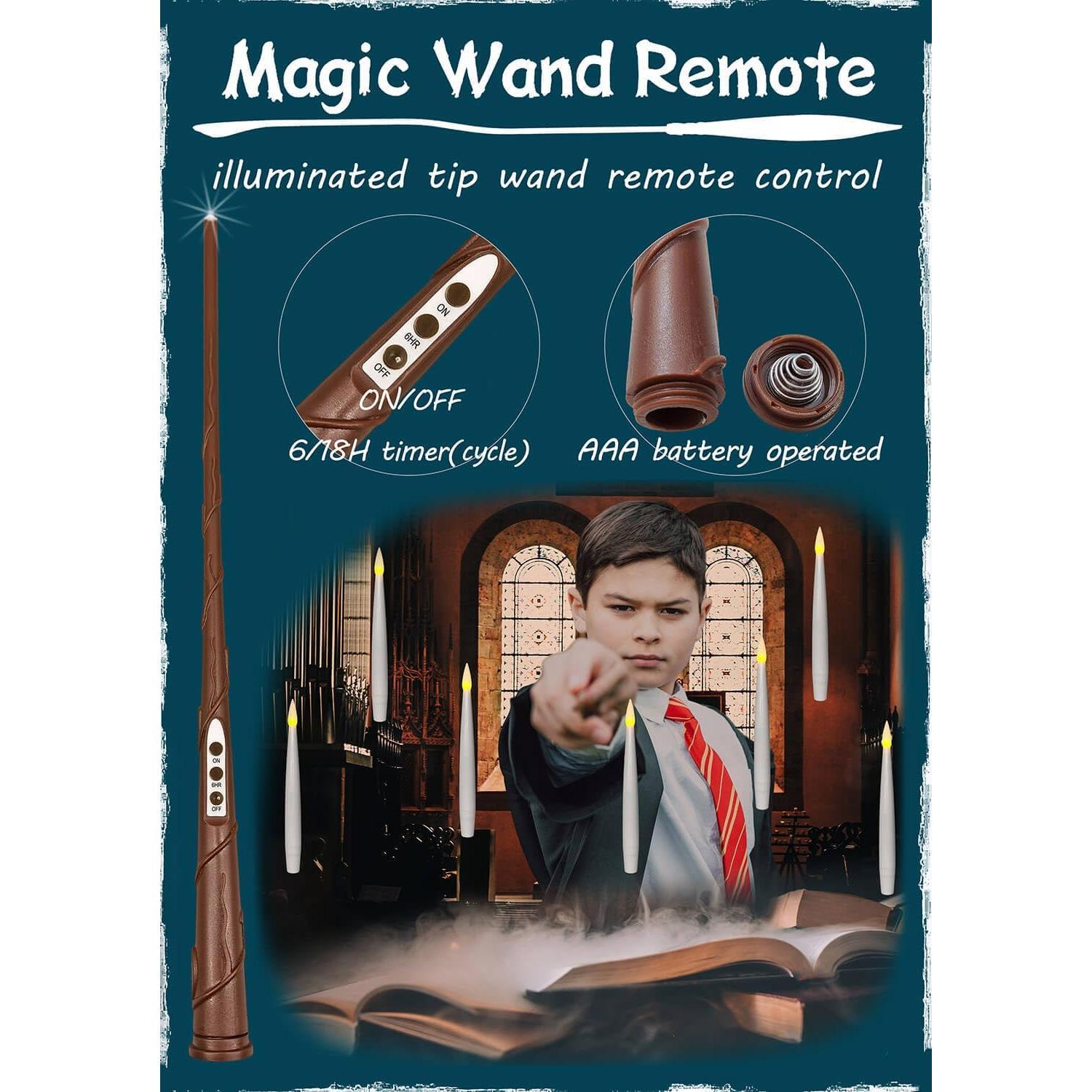 Floating Candles with Magic Wand Remote (6/18H Timer), 20 count 6.1" Hanging Flameless Taper Candles, Flickering Warm Light, Halloween Christmas Classroom Windows Wedding Party Decor(White)