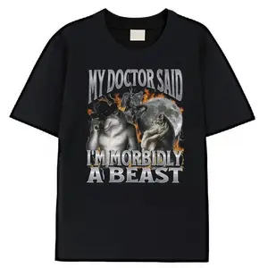 Men's Soft Round Neck Short-Sleeve Casual T-Shirt - 'My Doctor Said I'm Morbidly A Beast' Werewolf Meme Graphic, Sports Outdoor Top
