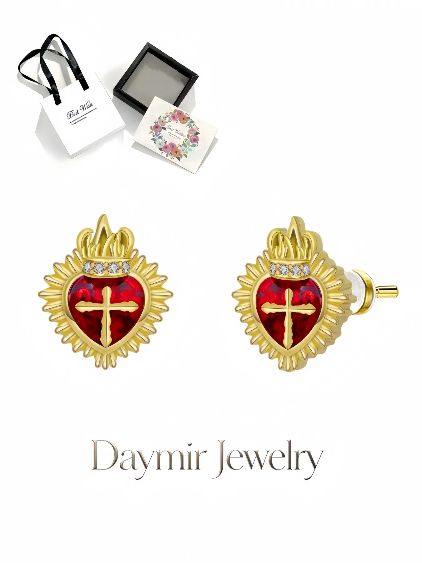Sacred Heart Oath Golden Flame Earrings, original sweet-cool crown studs with premium S925 silver posts. Matched with delicate drawer gift box, great gifts for birthdays, Mother’s Day, Valentine’s Day, Christmas and anniversaries.
