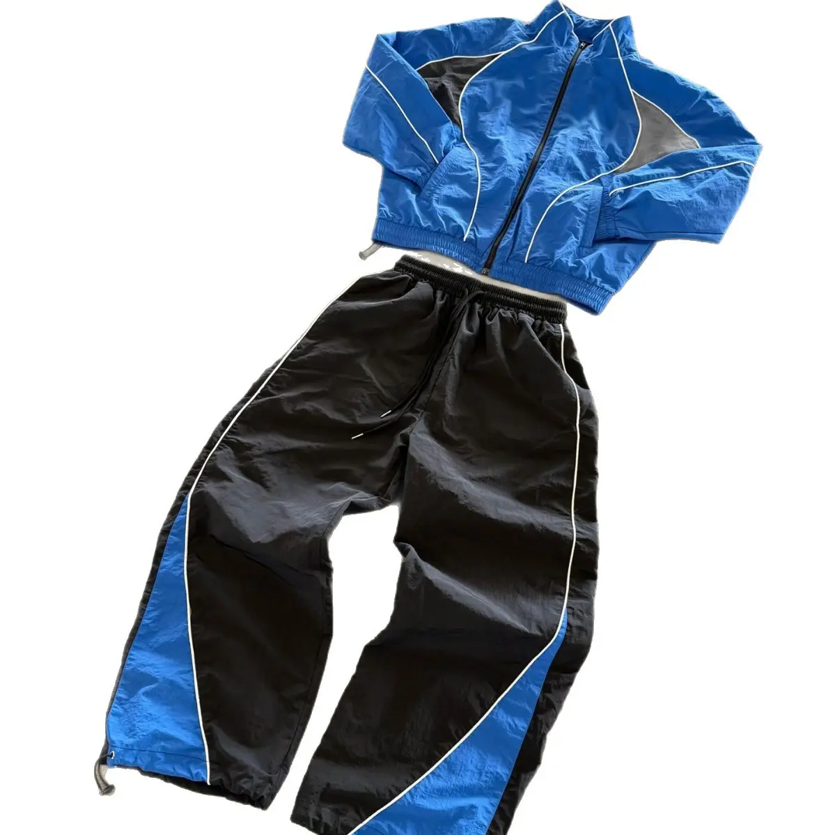This men's two-piece Athletic, Training Tracksuit Set includes a turtleneck jacket and sweatpants, featuring a blue and black color-block design, suitable for outdoor activities and casual wear, it also makes a great holiday gift, Sport Casual Outfit
